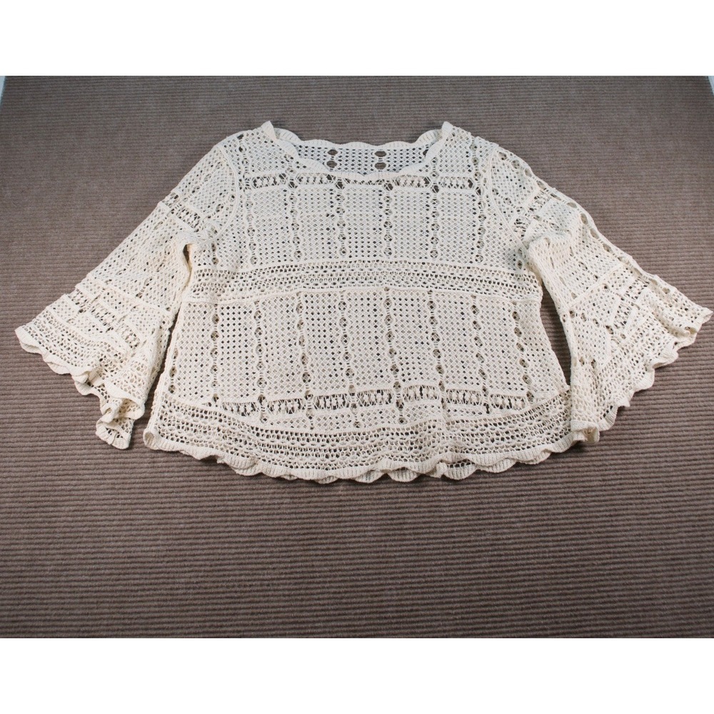 Boho Cream Cotton Crochet Open Knit Bell Sleeve Blouse Top M/L - Picture 2 of 9